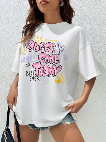 EZwear Slogan Graphic Drop Shoulder Oversized Tee