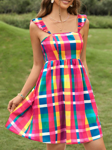 Plaid Print Tie Backless Ruffle Trim Dress