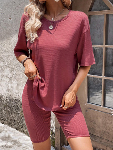 EMERY ROSE Solid Drop Shoulder Tee & Biker Shorts