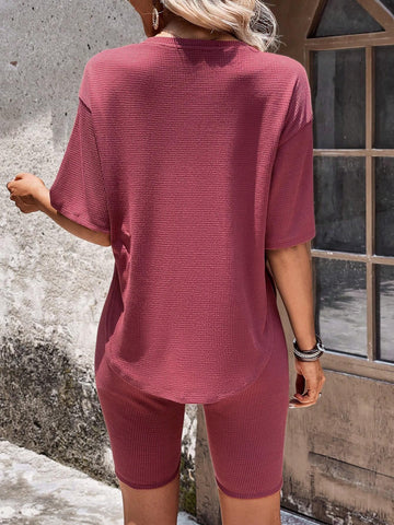 EMERY ROSE Solid Drop Shoulder Tee & Biker Shorts