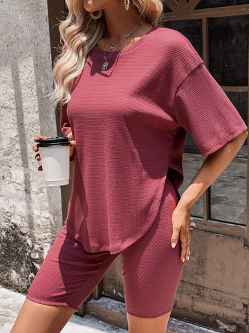EMERY ROSE Solid Drop Shoulder Tee & Biker Shorts