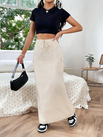 EZwear Flap Pocket Side Drawstring Waist Cargo Skirt