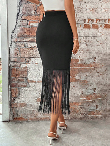 EMERY ROSE Fringe Hem Solid Pencil Skirt