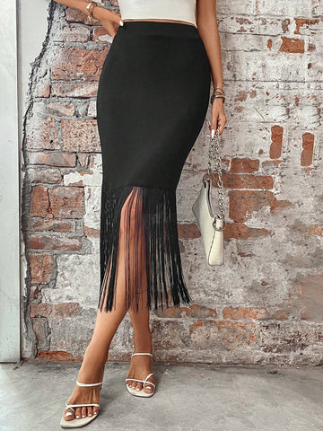 EMERY ROSE Fringe Hem Solid Pencil Skirt