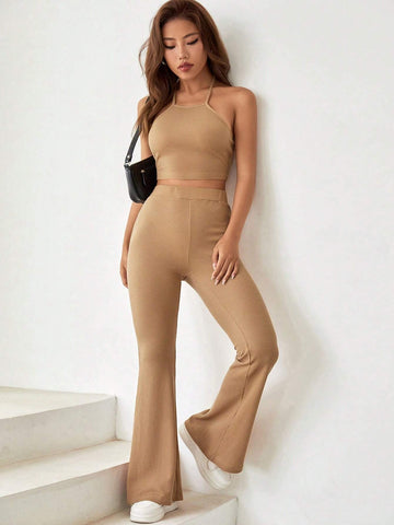Solid Crop Halter Top & Flare Leg Pants