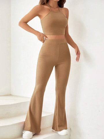 Solid Crop Halter Top & Flare Leg Pants