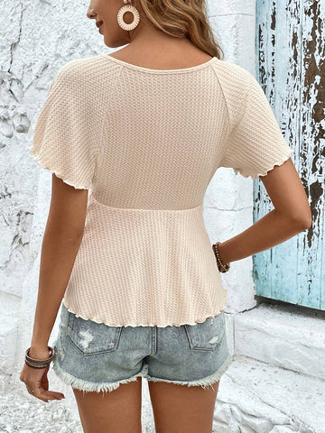 Frenchy Solid Surplice Neck Waffle Knit Lettuce Trim Tee