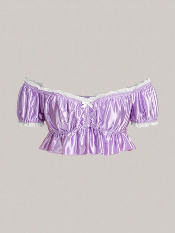 Off Shoulder Lace Trim Ruffle Hem Satin Crop Blouse
