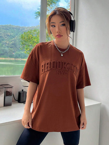 EZwear Letter Embossed Drop Shoulder Tee