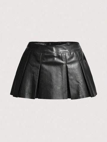 ICON Solid PU Leather Pleated Skirt