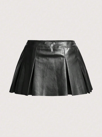 ICON Solid PU Leather Pleated Skirt