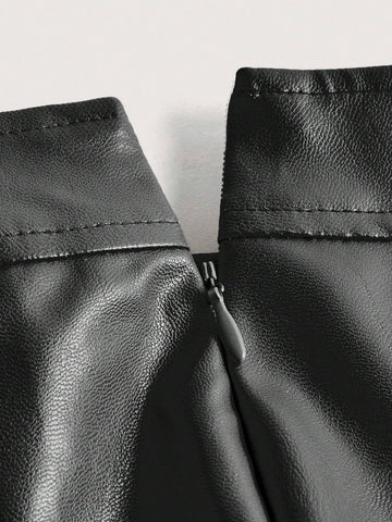 ICON Solid PU Leather Pleated Skirt