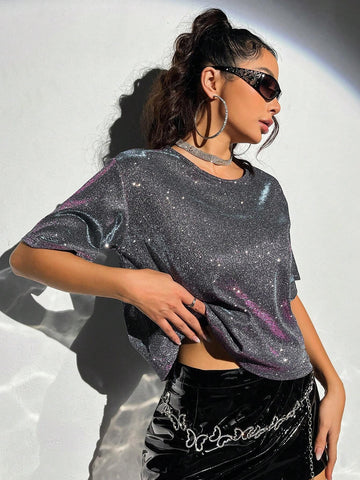 Glitter Cut Out Front Crop Tee