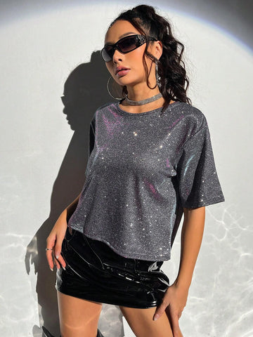 Glitter Cut Out Front Crop Tee