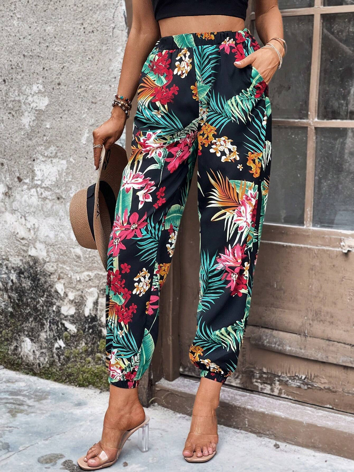 EMERY ROSE Tropical Print Slant Pocket Pants