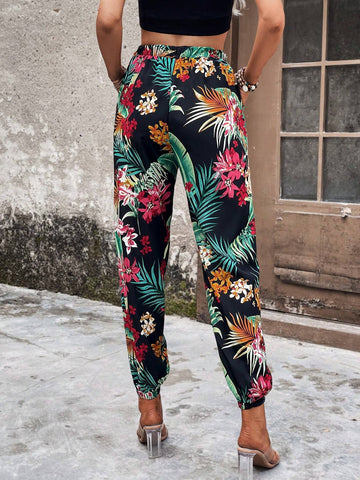 EMERY ROSE Tropical Print Slant Pocket Pants