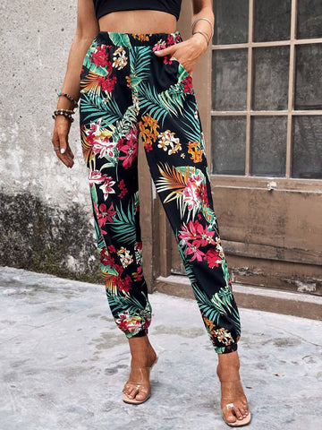 EMERY ROSE Tropical Print Slant Pocket Pants