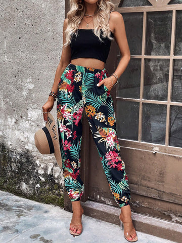 EMERY ROSE Tropical Print Slant Pocket Pants