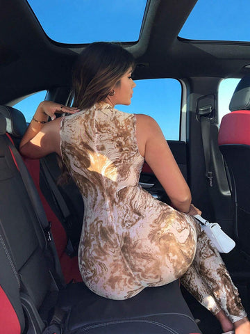 Marble Print Mock Neck Unitard Jumpsuit
