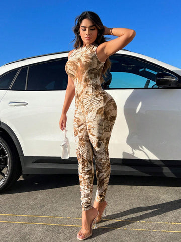 Marble Print Mock Neck Unitard Jumpsuit