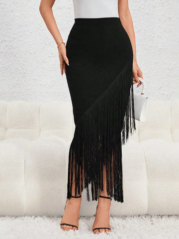 Unity Fringe Trim Asymmetrical Hem Skirt