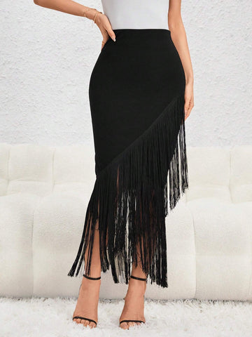 Unity Fringe Trim Asymmetrical Hem Skirt