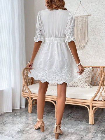 VCAY Eyelet Embroidery Plunging Neck Scallop Trim Dress