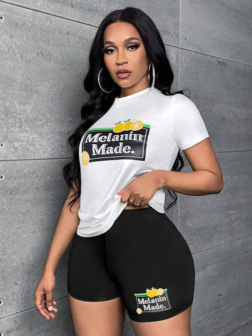 Slogan Graphic Tee & Biker Shorts
