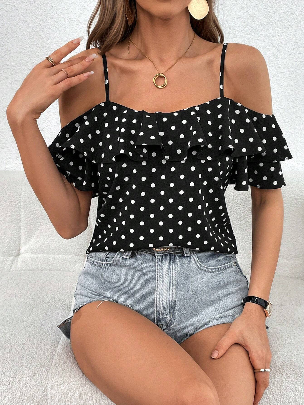 Polka Dot Cold Shoulder Ruffle Trim Blouse