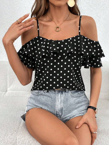 Polka Dot Cold Shoulder Ruffle Trim Blouse