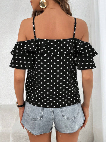 Polka Dot Cold Shoulder Ruffle Trim Blouse