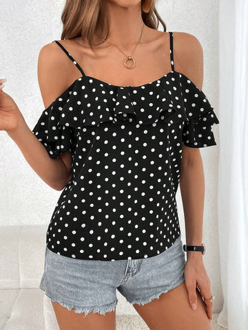 Polka Dot Cold Shoulder Ruffle Trim Blouse
