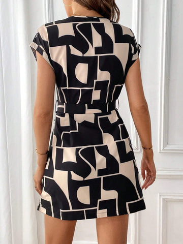Geo Print Notched Neckline Batwing Sleeve Belted Dress