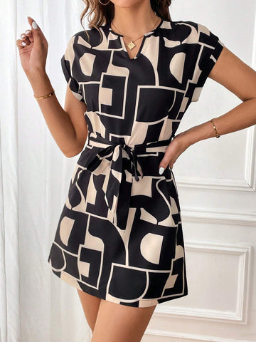 Geo Print Notched Neckline Batwing Sleeve Belted Dress