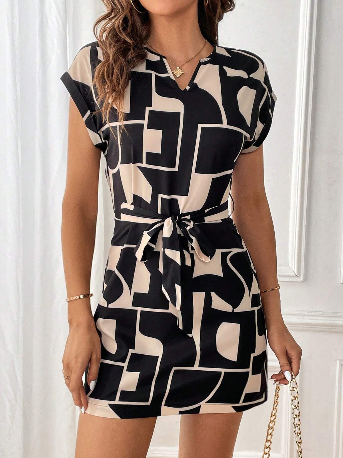 Geo Print Notched Neckline Batwing Sleeve Belted Dress