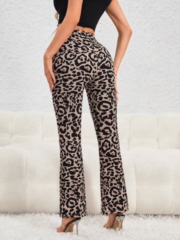 Leopard Print Split Hem Flare Leg Pants