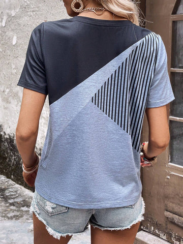 EMERY ROSE Striped Print Colorblock Tee