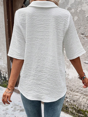 Solid Button Detail Curved Hem Blouse