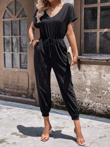 EMERY ROSE Solid Knot Waist Slant Pocket Jumpsuit