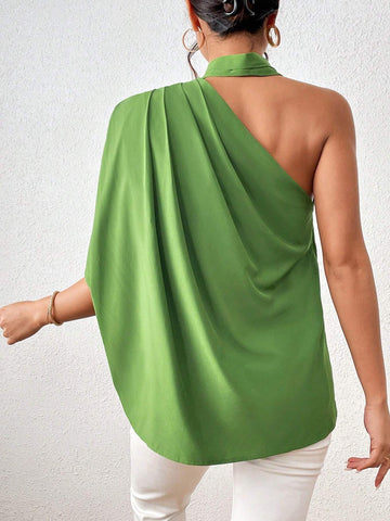 Solid Asymmetrical Neck Ruched Detail Blouse
