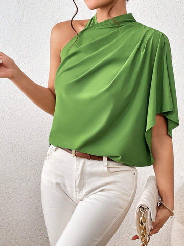 Solid Asymmetrical Neck Ruched Detail Blouse