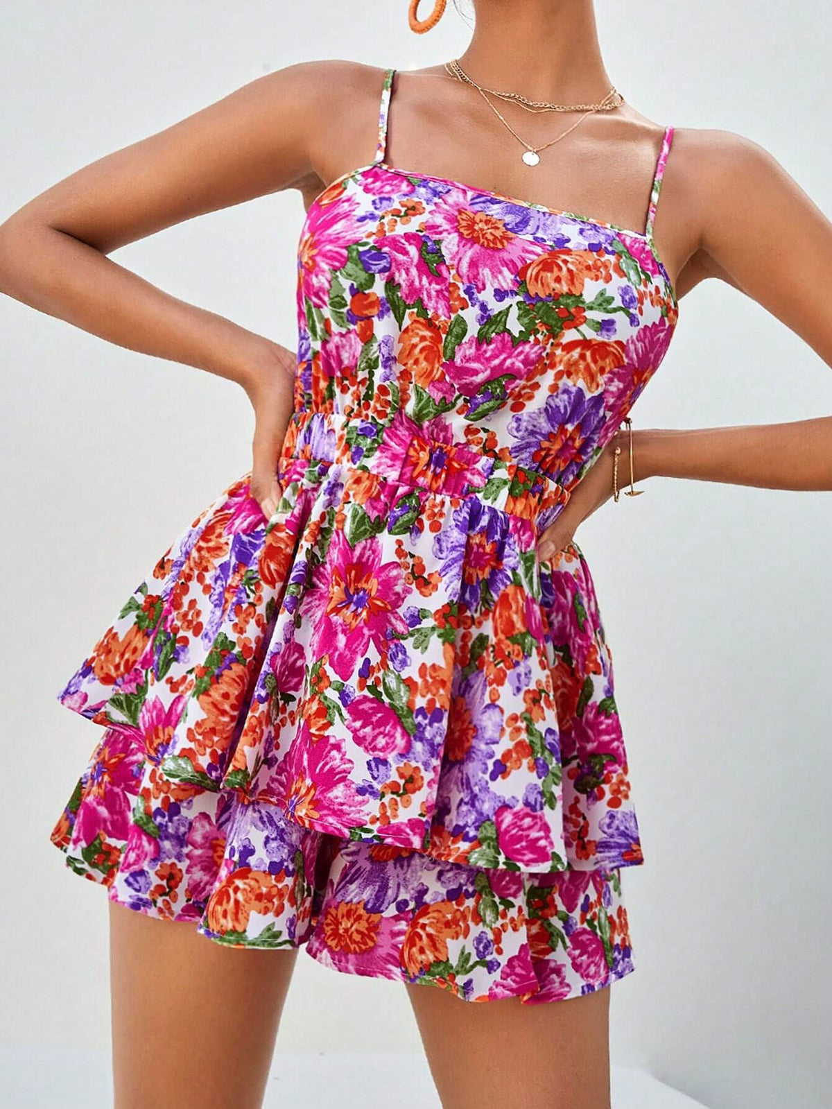 Floral Print Tie Backless Two Layer Hem Cami Romper