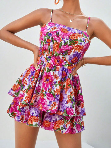 Floral Print Tie Backless Two Layer Hem Cami Romper