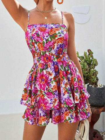 Floral Print Tie Backless Two Layer Hem Cami Romper
