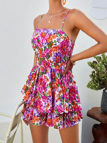 Floral Print Tie Backless Two Layer Hem Cami Romper