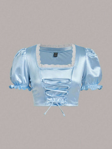 ICON Lace Up Front Puff Sleeve Crop Satin Tee