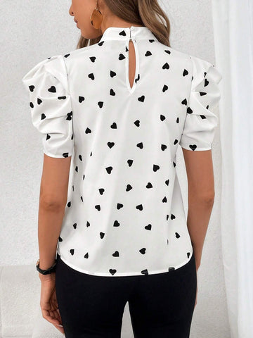 Heart Print Bow Front Puff Sleeve Blouse