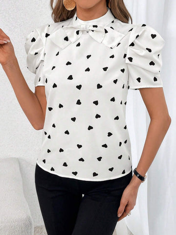Heart Print Bow Front Puff Sleeve Blouse