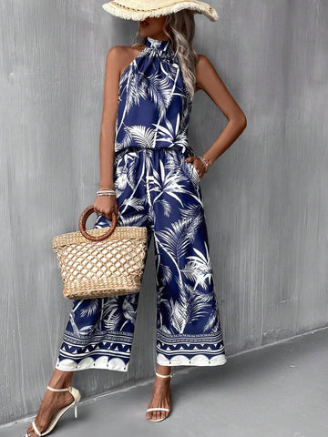 EMERY ROSE Tropical Print Halter Top & Wide Leg Pants