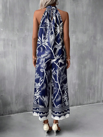 EMERY ROSE Tropical Print Halter Top & Wide Leg Pants